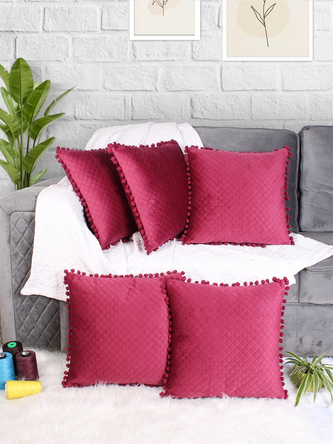 

STITCHNEST Pink 5 Pieces Quilted Velvet Square Pom Pom Cushion Covers