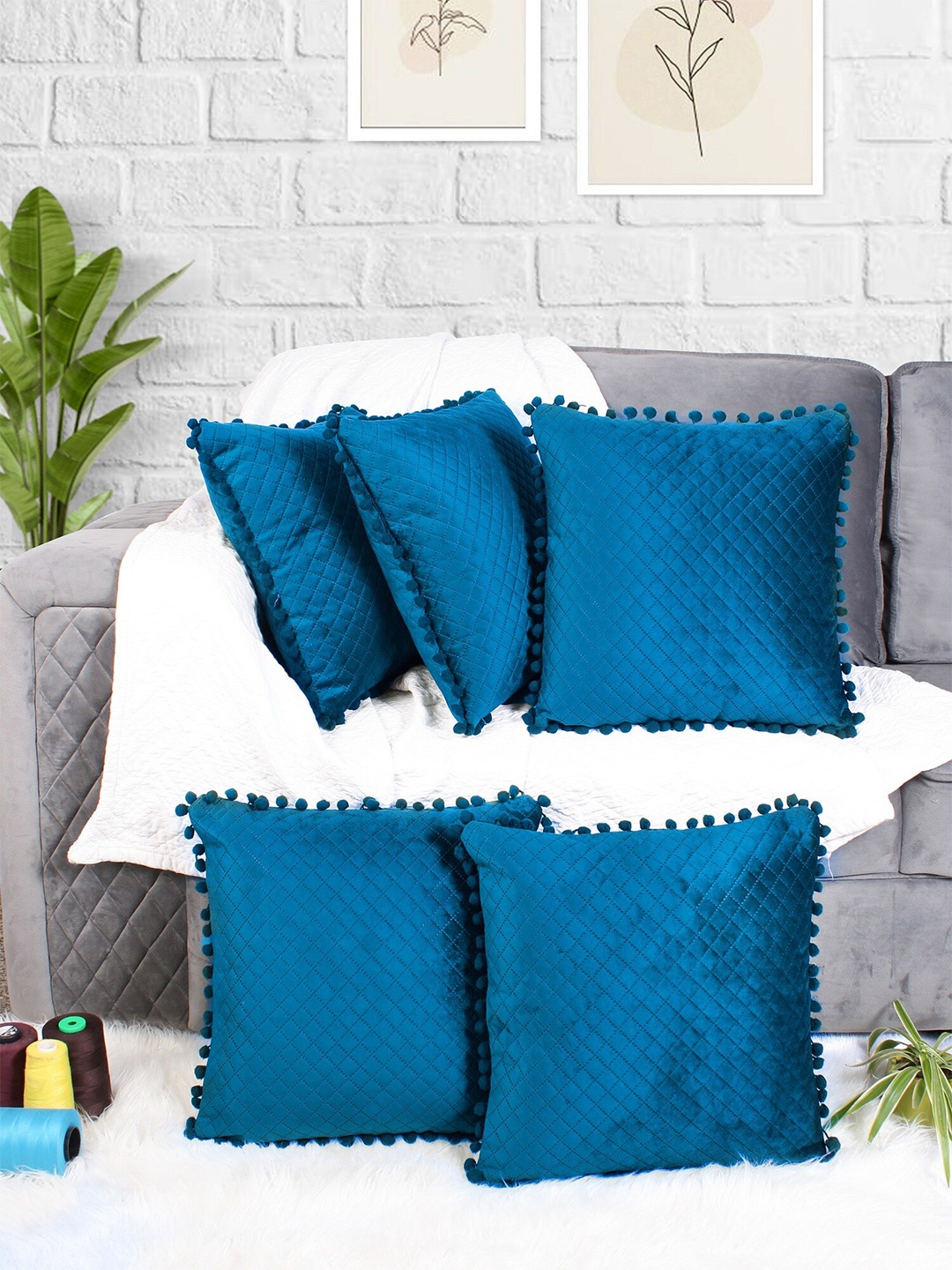 

STITCHNEST Blue 5 Pieces Quilted Velvet Square Pom Pom Cushion Covers