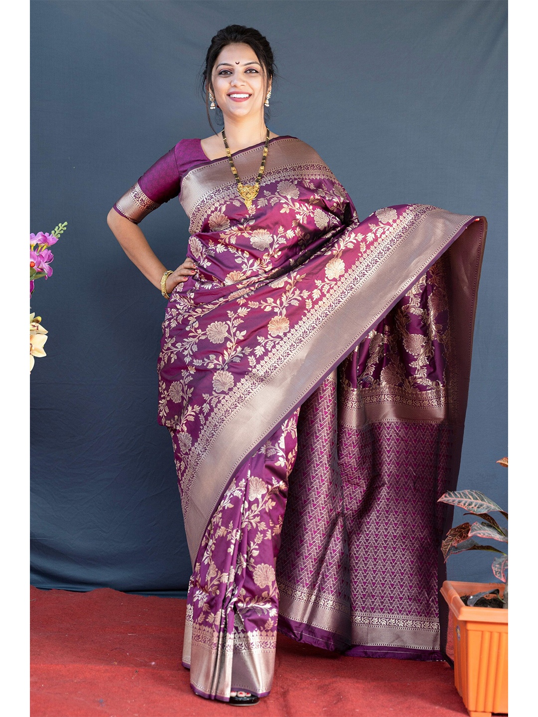 

Anaita Purple & Gold-Toned Woven Design Zari Pure Silk Banarasi Saree