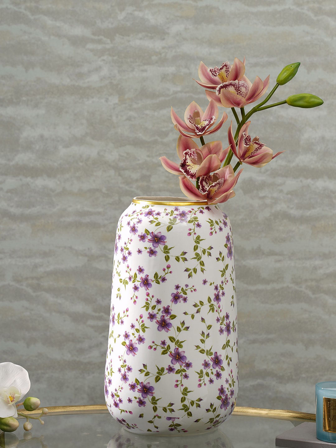 

Pure Home and Living Ditsy White & Purple Floral Printed Ceramic Vases