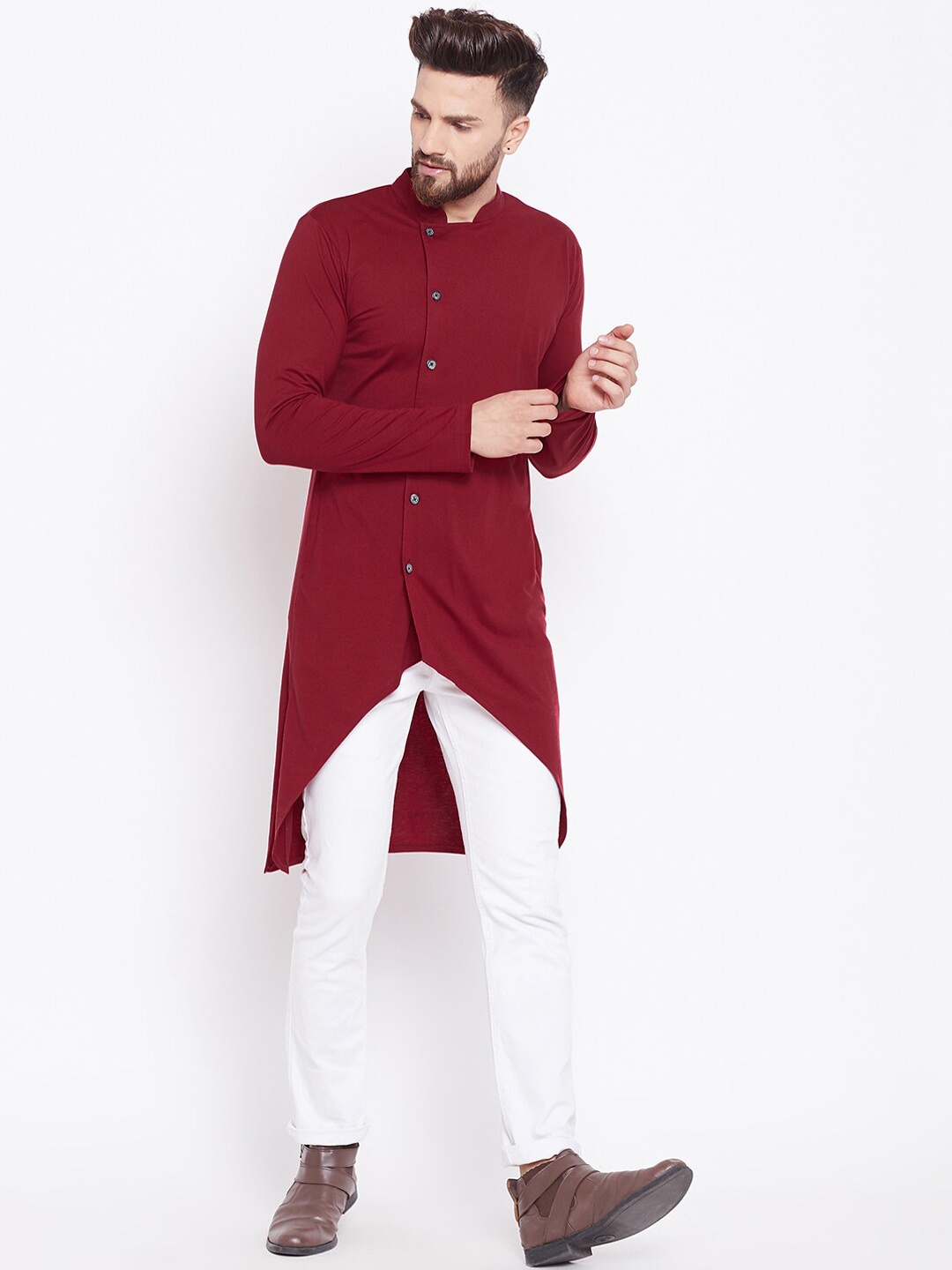 

CHILL WINSTON Mandarin Collar Asymmetric Cotton Kurta, Maroon