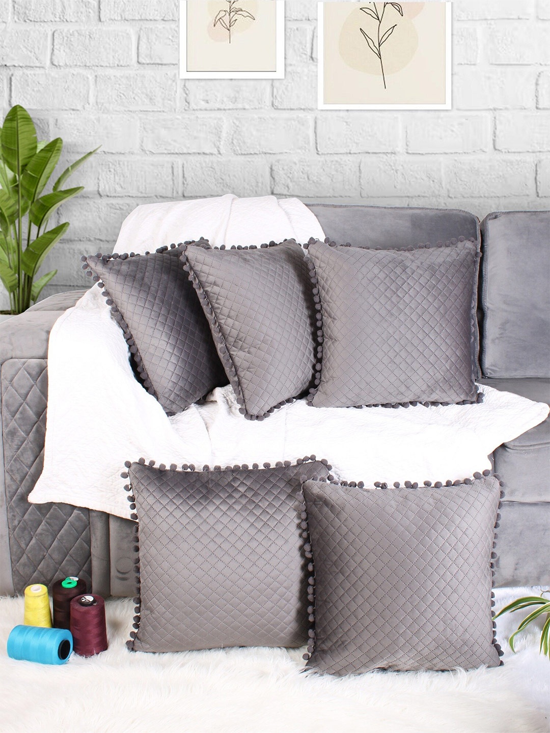 

STITCHNEST Grey 5 Pcs Embroidered Velvet Quilted Square Cushion Covers With Pom Pom