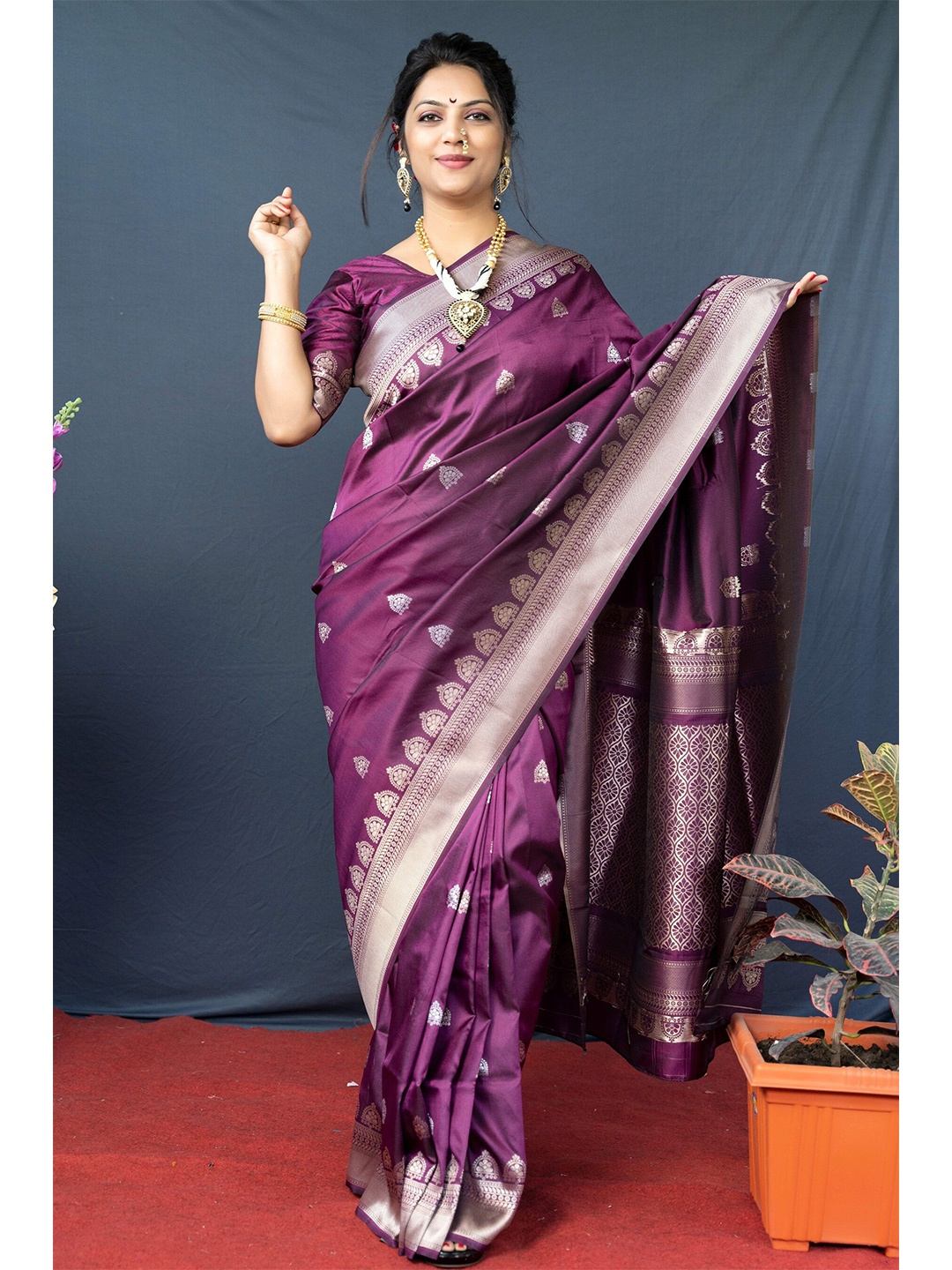 

Anaita Maroon & Silver-Toned Woven Design Zari Pure Silk Banarasi Saree