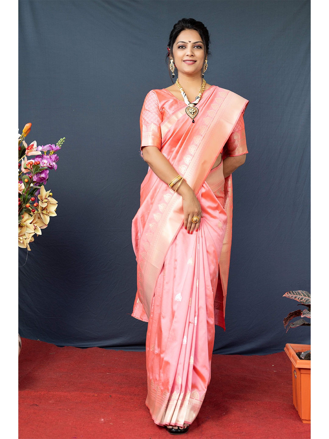 

Anaita Ethnic Motifs Woven Design Zari Pure Silk Banarasi Saree, Peach