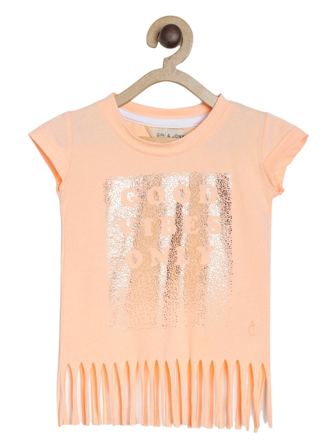 

Gini and Jony Girls Abstract Printed Fringed Cotton Top, Peach