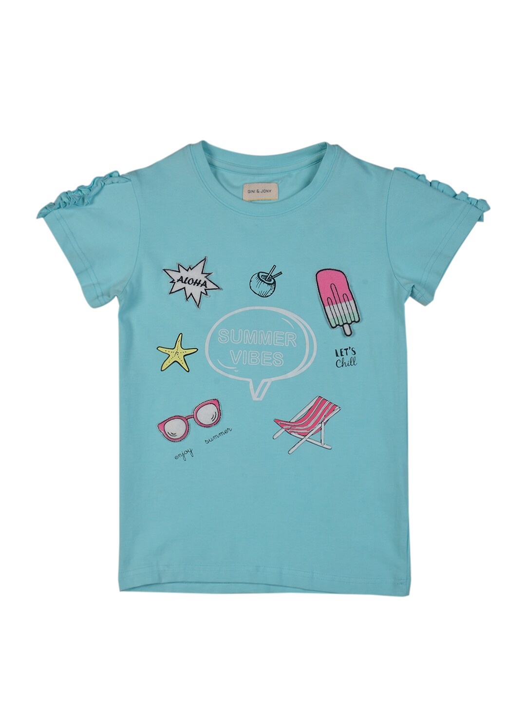 

Gini and Jony Girls Round Neck Graphic Printed Applique Cotton Top, Blue