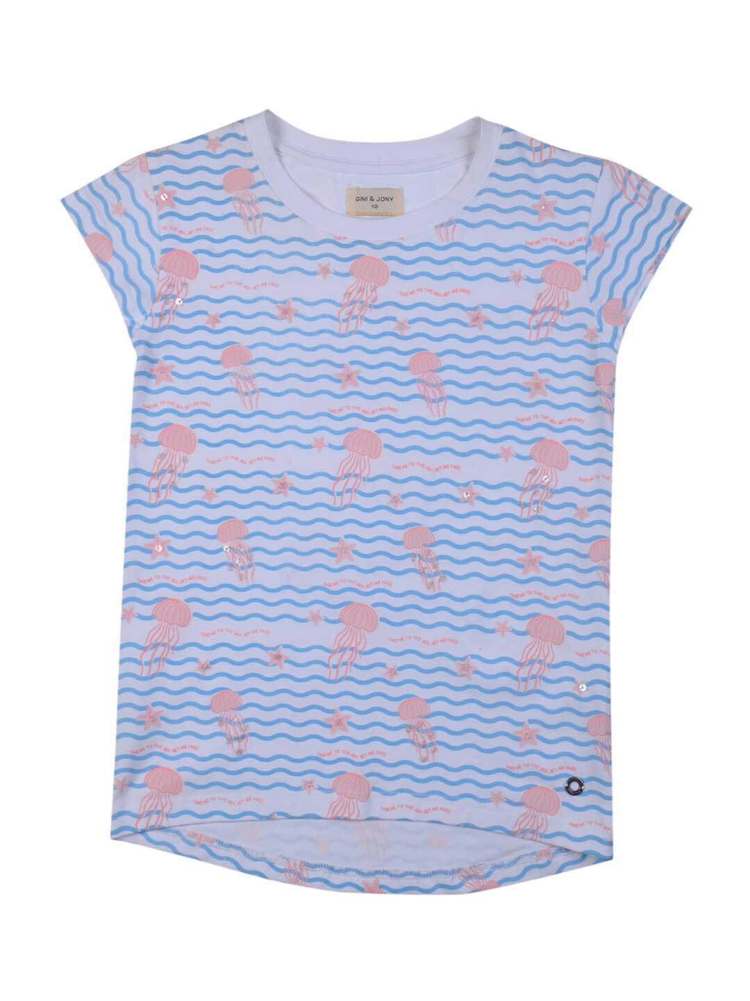 

Gini and Jony Girls Round Neck Striped Printed Cotton Top, White