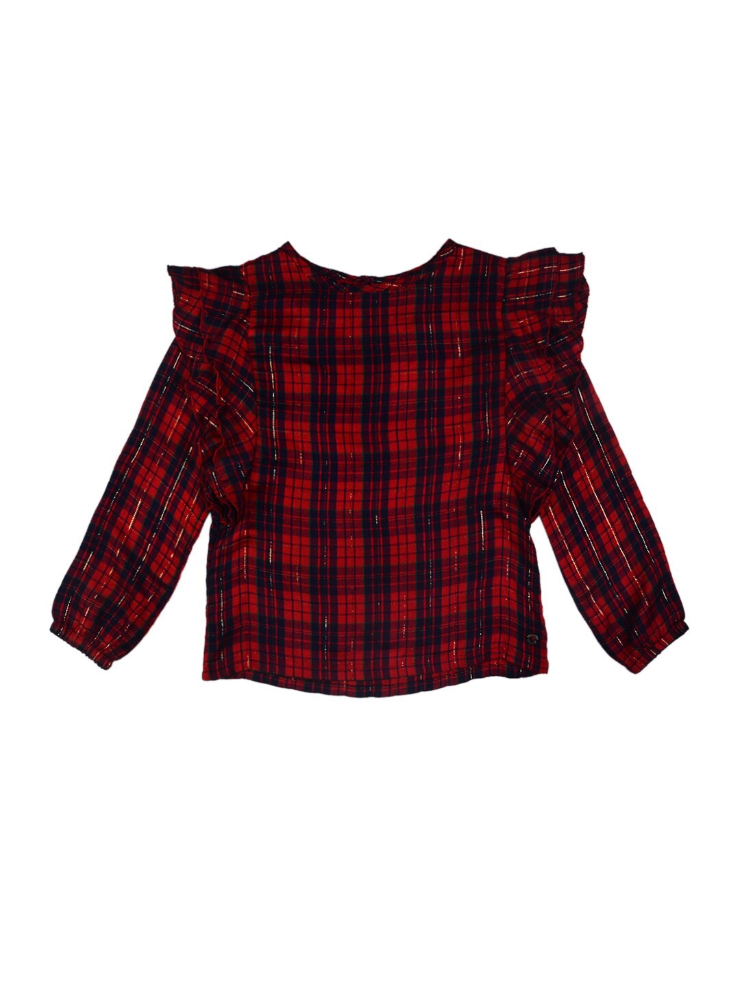 

Gini and Jony Girls Round Neck Ruffles Checked Cotton Top, Red