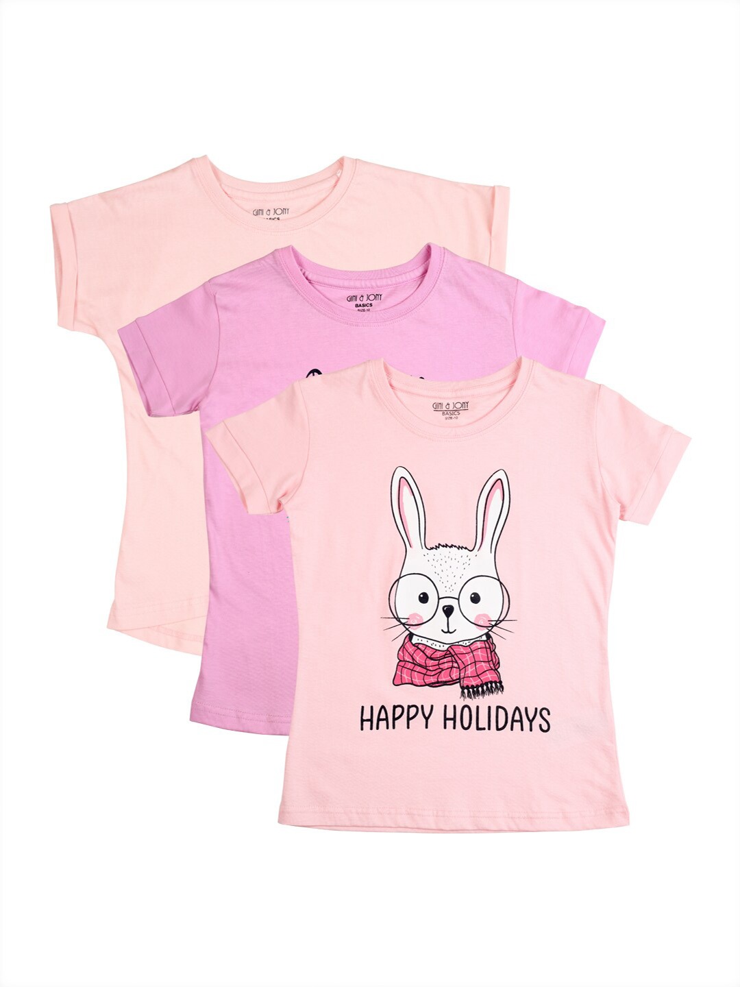 

Gini and Jony Girls Pack Of 3 Graphic Printed Cotton Top, Peach