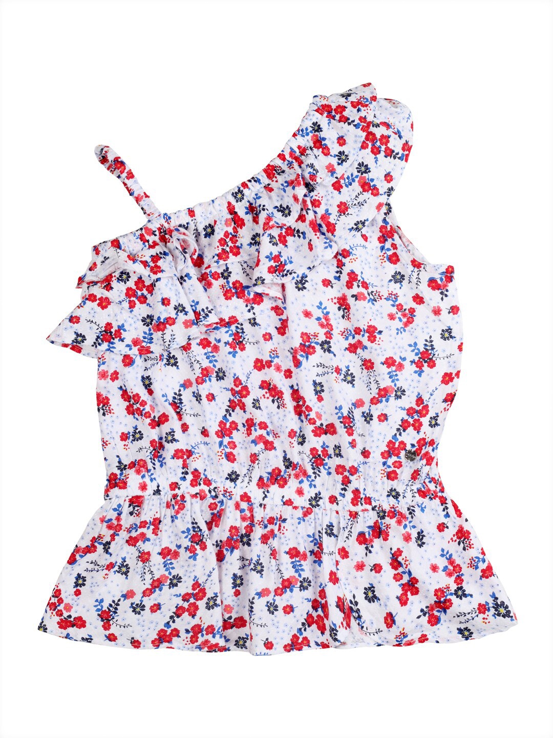 

Gini and Jony Girls Floral Printed Shoulder Straps A-Line Ruffle Top, White