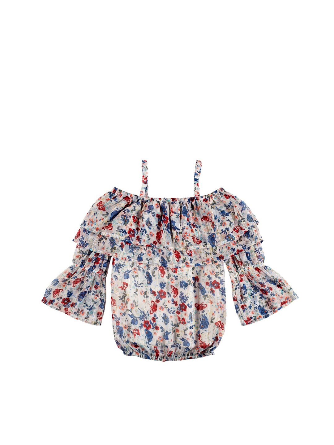 

Gini and Jony Girls Bell Sleeves Floral Print Blouson Cotton Top, White