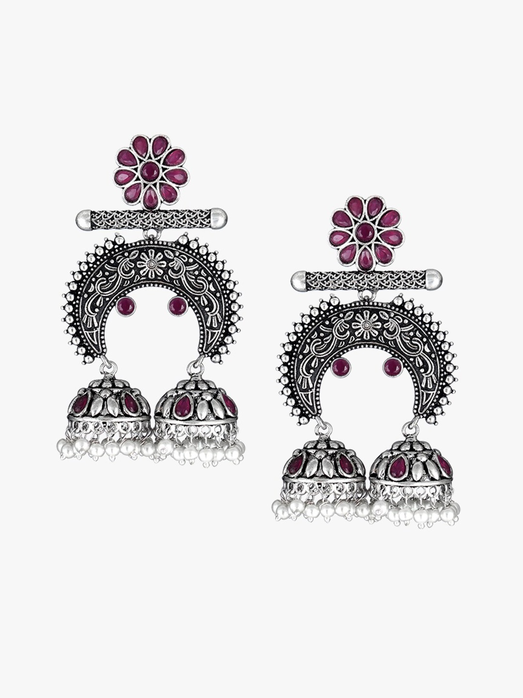 

Adwitiya Collection Silver-Plated Stone-Studded Dome Shaped Jhumkas Earrings, Pink