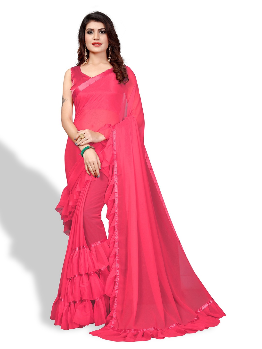 

APNISHA Poly Georgette Ruffles Saree, Pink