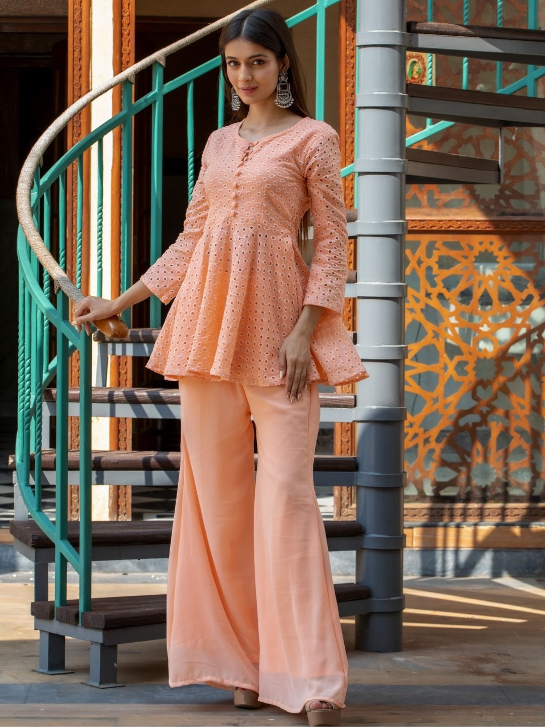 

HOUSE OF JAMOTI Self Design Schifili Round Neck Pure Cotton Top & Flared Hem Palazzo, Peach