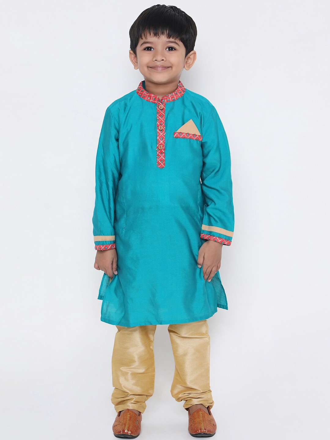 

KID1 Boys Mandarin Collar Sequined Kurta with Pyjamas, Turquoise blue