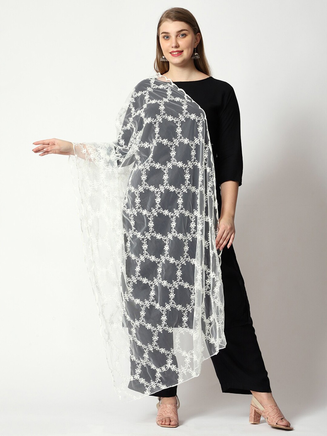 

WEAVERS VILLA Embroidered Thread Work Net Dupatta, White