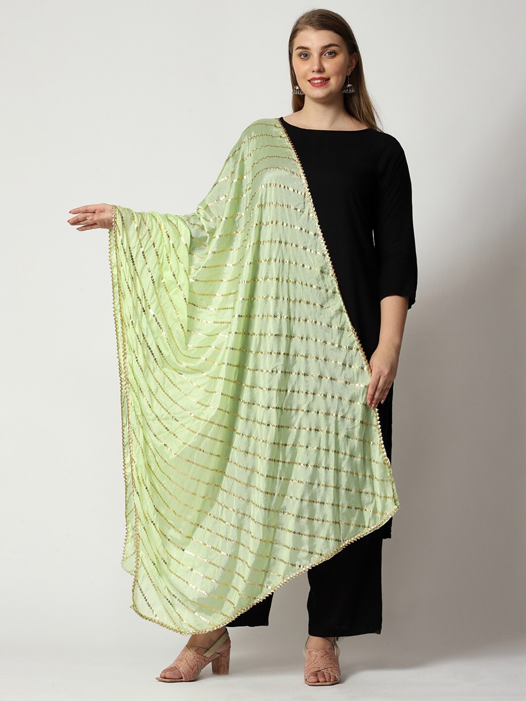 

WEAVERS VILLA Striped Gotta Patti Cotton Silk Dupatta, Lime green