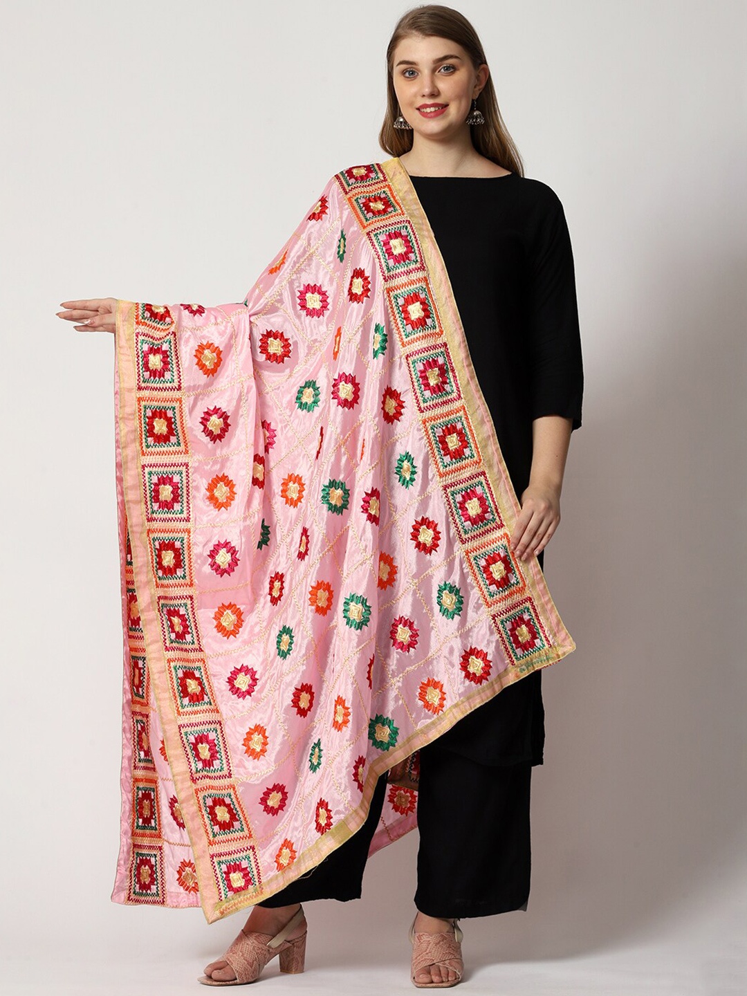 

WEAVERS VILLA Ethnic Motifs Embroidered Dupatta, Pink