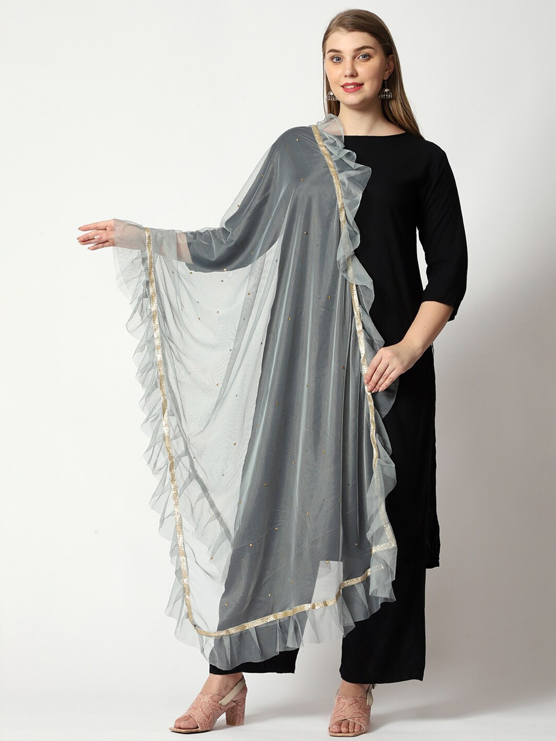 

WEAVERS VILLA Embellished Beads & Stones Net Dupatta, Grey