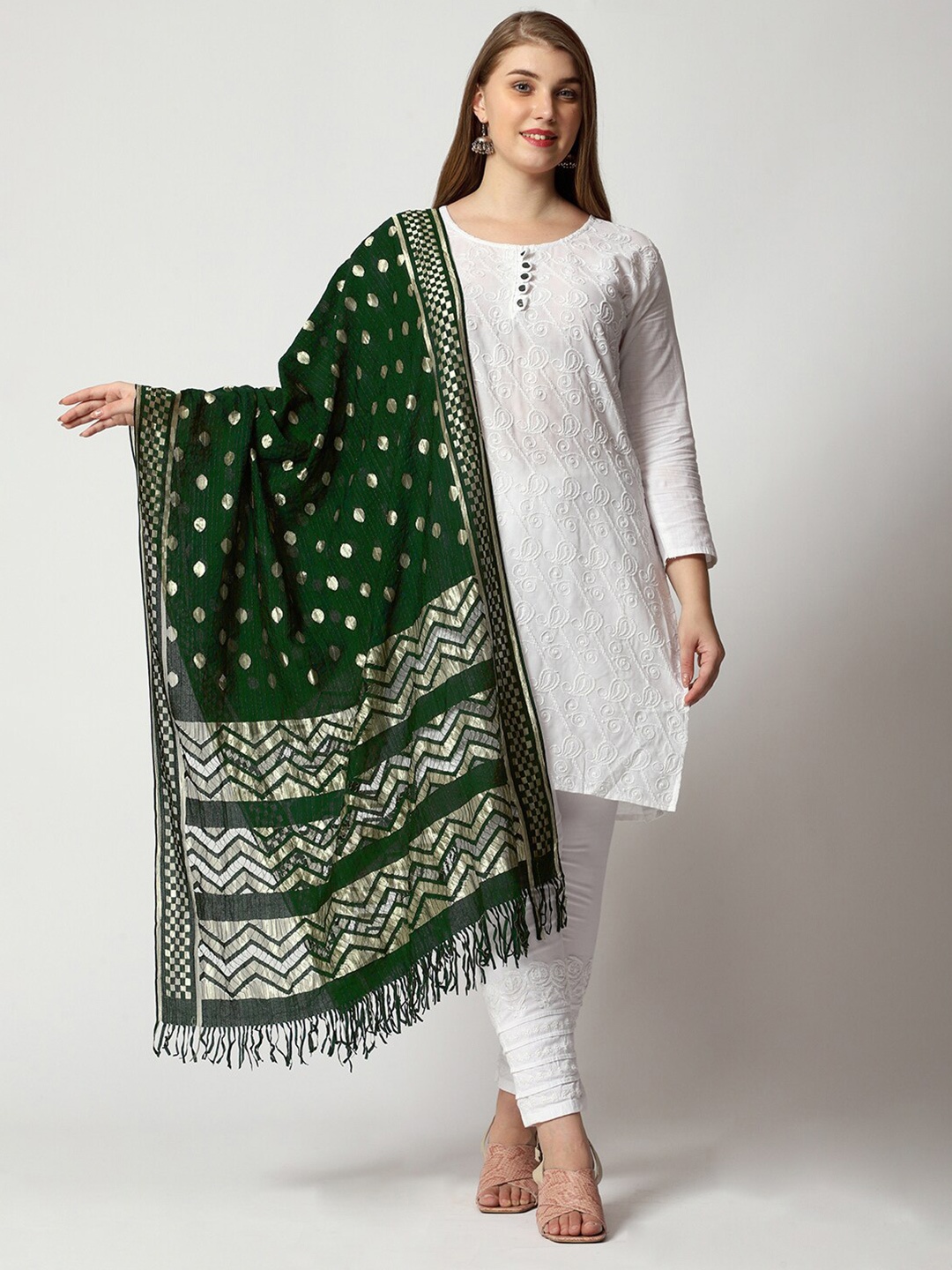 

WEAVERS VILLA Ethnic Motifs Woven Design Cotton Silk Dupatta, Green