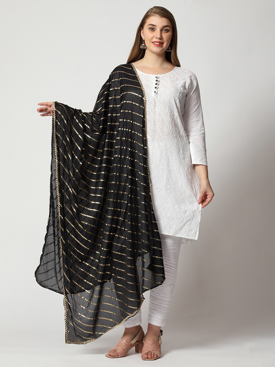 

WEAVERS VILLA Striped Cotton Silk Gotta Patti Dupatta, Black