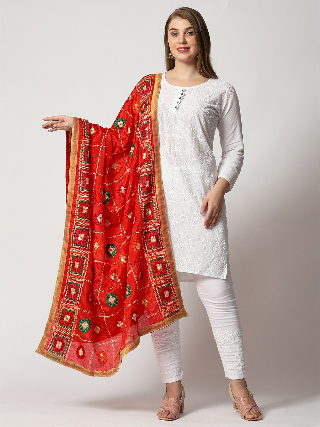 

WEAVERS VILLA Ethnic Motifs Embroidered Dupatta, Red
