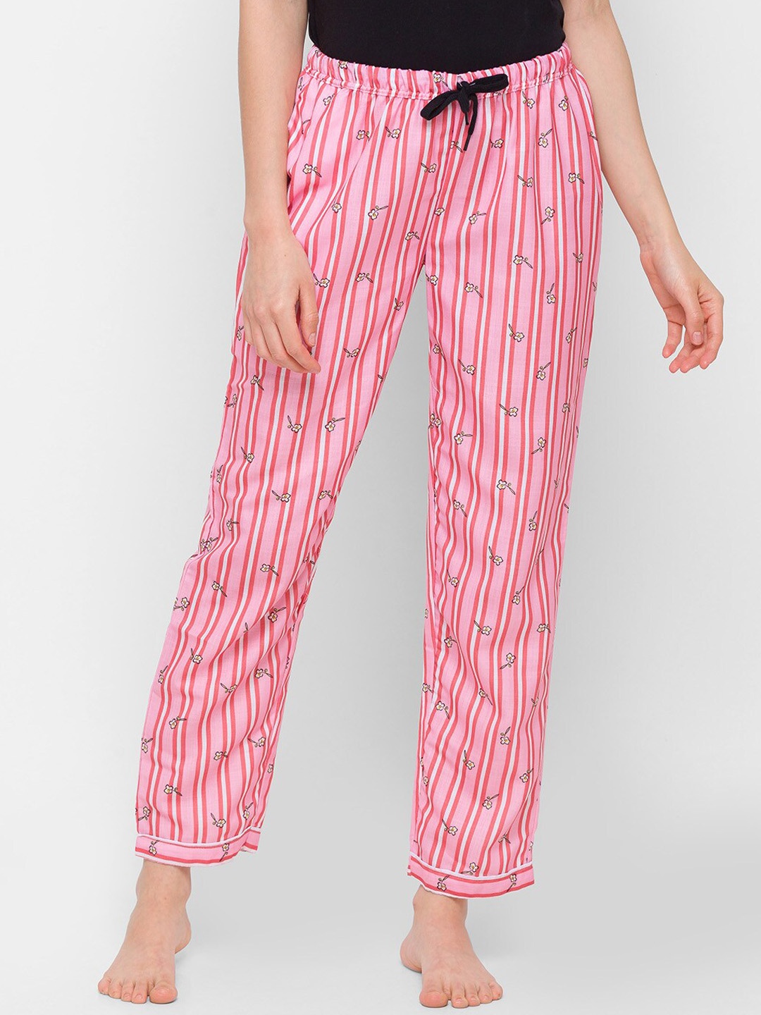 

NOIRA Women Striped Mid-Rise Cotton Lounge Pants, Pink