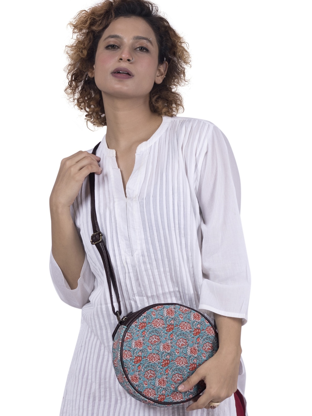 

NEPRI Floral Printed Structured Sling Bag, Sea green