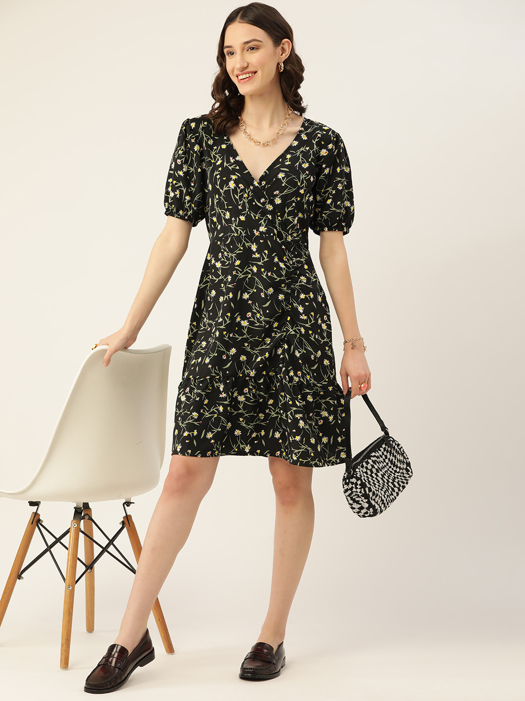 

DressBerry Floral Printed Tiered Wrap Dress, Black