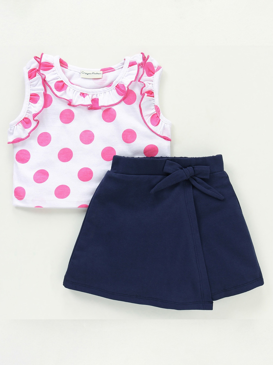 

CrayonFlakes Girls Polka Dot Printed Pure Cotton Ruffles Top with Shorts, White