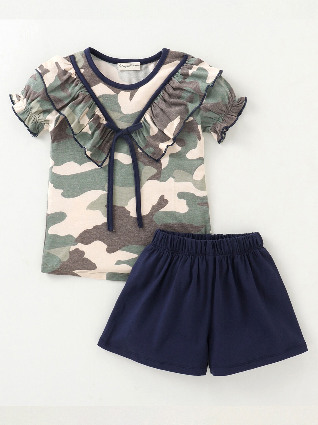 

CrayonFlakes Girls Camouflage Printed Ruffles Top with Shorts, Green