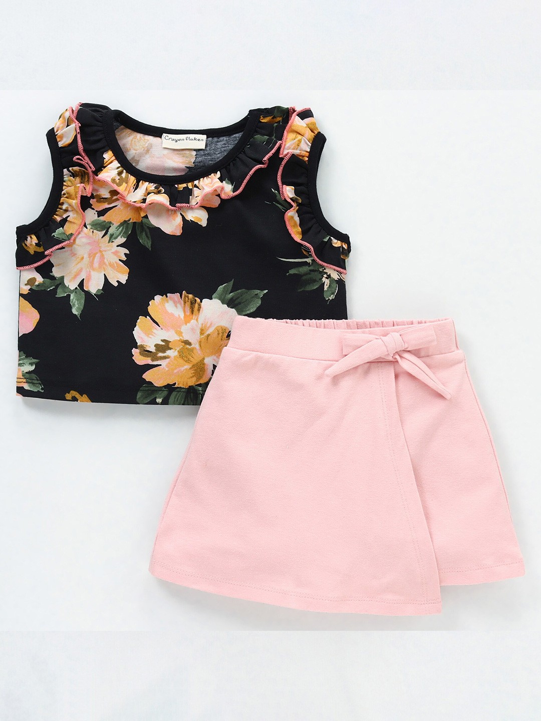 

CrayonFlakes Girls Floral Printed Ruffles Top with Shorts, Black