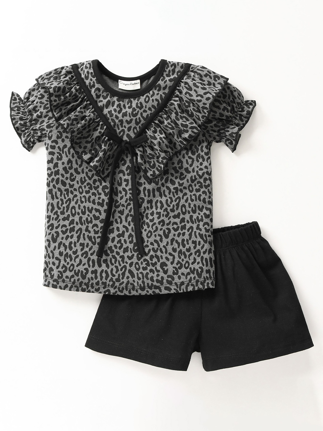 

CrayonFlakes Girls Animal Printed Pure Cotton Ruffles Top with Shorts, Black