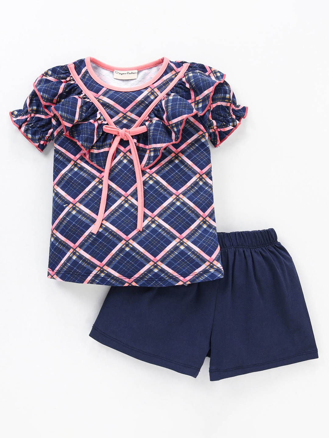 

CrayonFlakes Girls Checked Pure Cotton Ruffles Top with Shorts, Navy blue