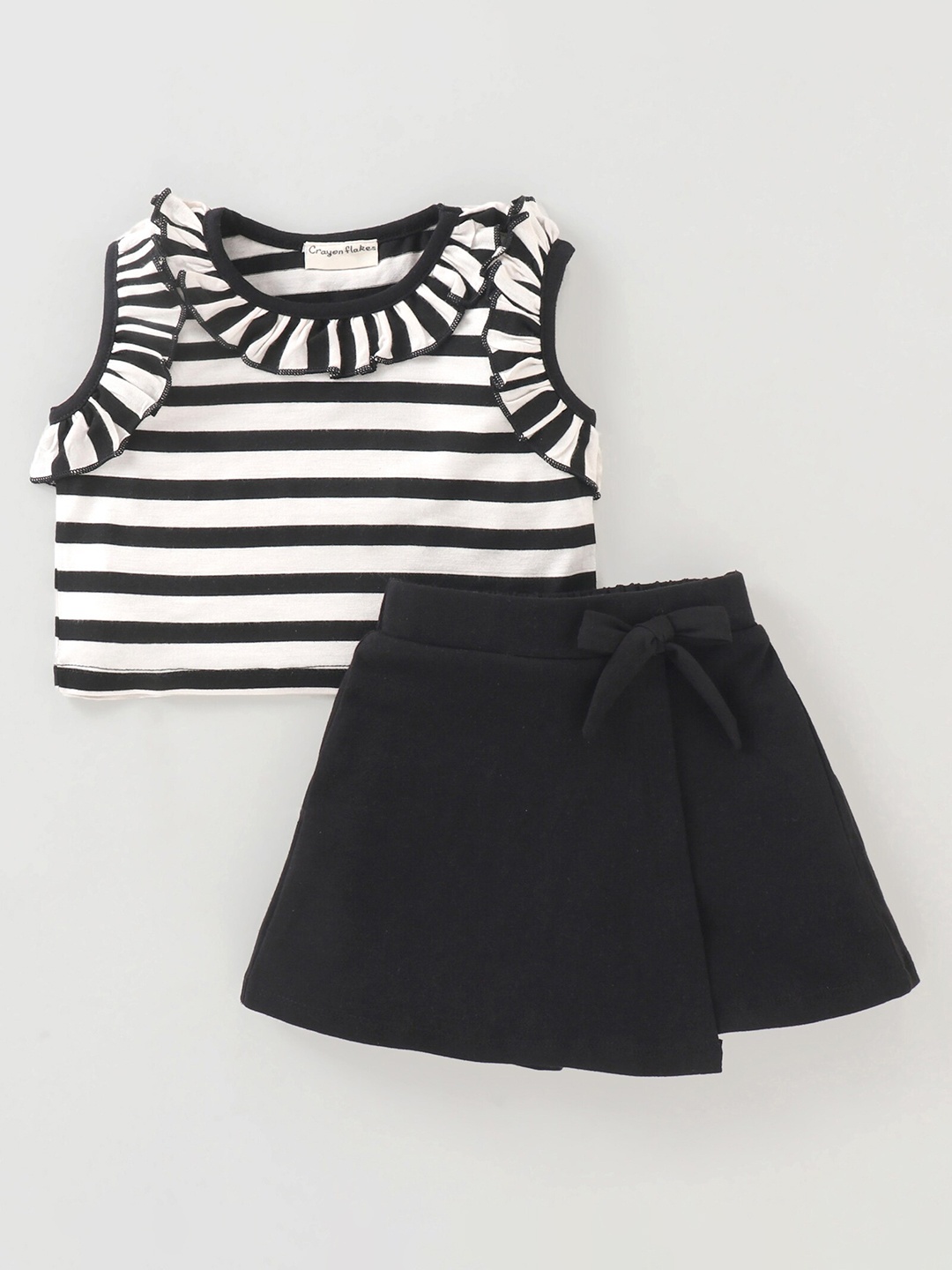 

CrayonFlakes Girls Striped Pure Cotton Ruffles Top with Shorts, Black