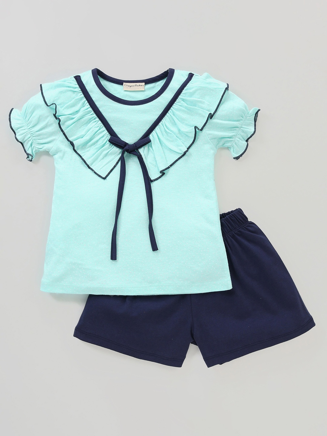 

CrayonFlakes Girls Pure Cotton Round Neck Top with Shorts Clothing Set, Sea green