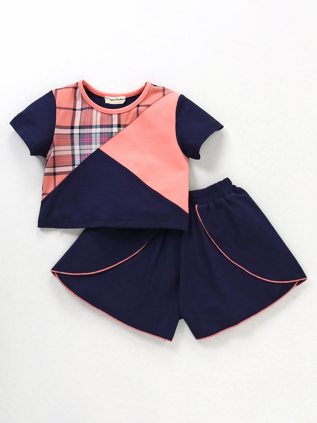 

CrayonFlakes Girls Checked Pure Cotton Top with Shorts Clothing Set, Navy blue