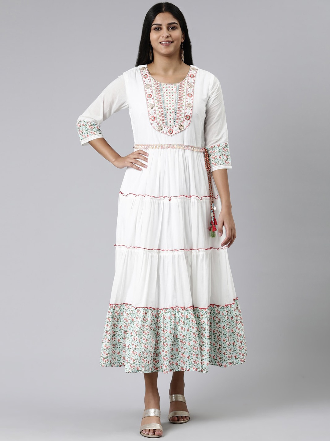 

Neerus Floral Printed Tiered A-Line Cotton Kurta, White
