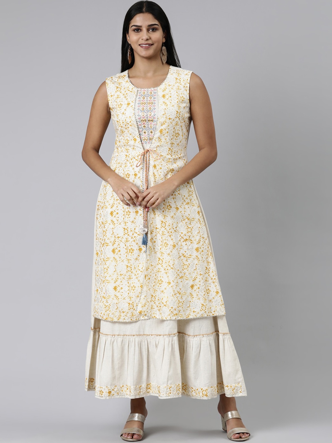 

Neerus Floral Printed Mirror Work Layered A-Line Kurta, Cream