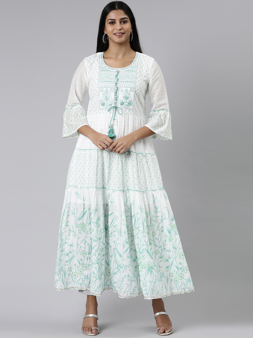 

Neerus Floral Printed Tiered Thread Work Cotton Anarkali Kurta, White