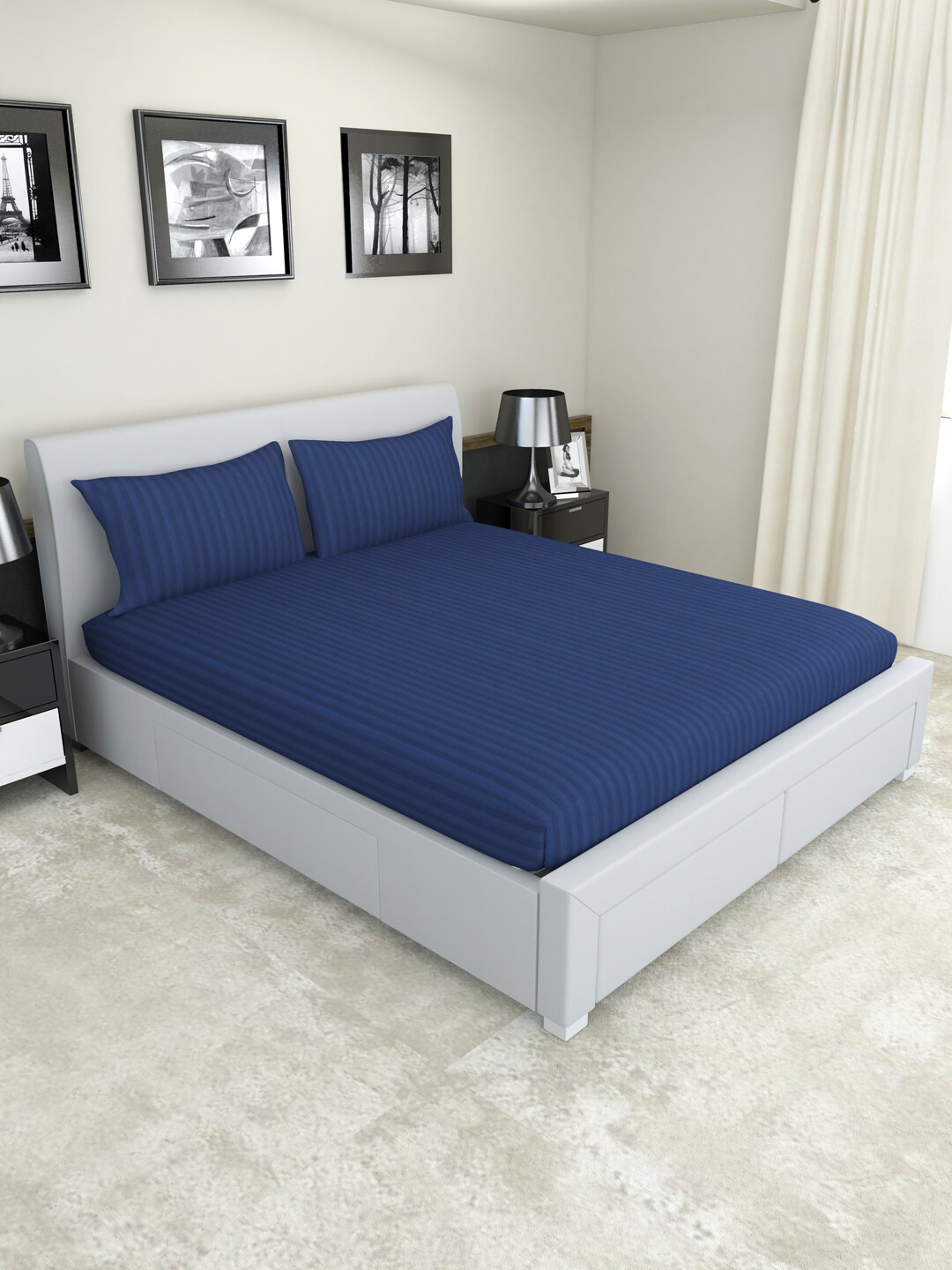 

Nendle Navy Blue Striped 300 TC Cotton Fitted King Bedsheet With 2 Pillow Covers
