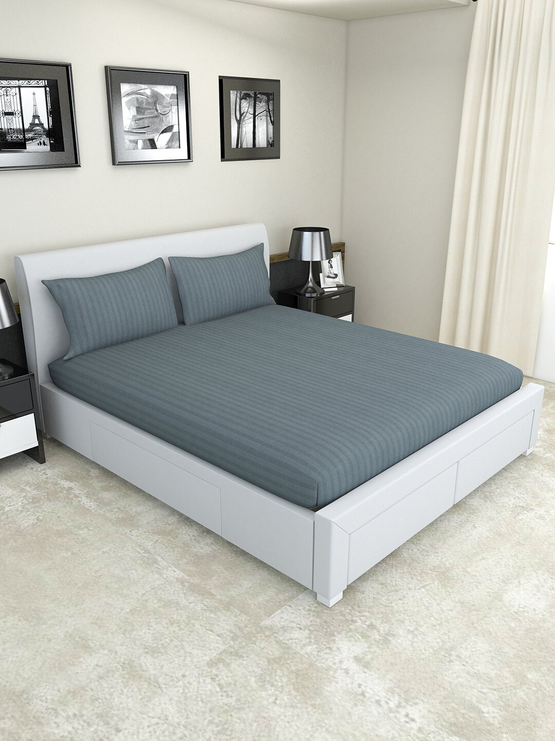 

Nendle Grey Striped 300 TC Cotton Fitted King Bedsheet With 2 Pillow Covers