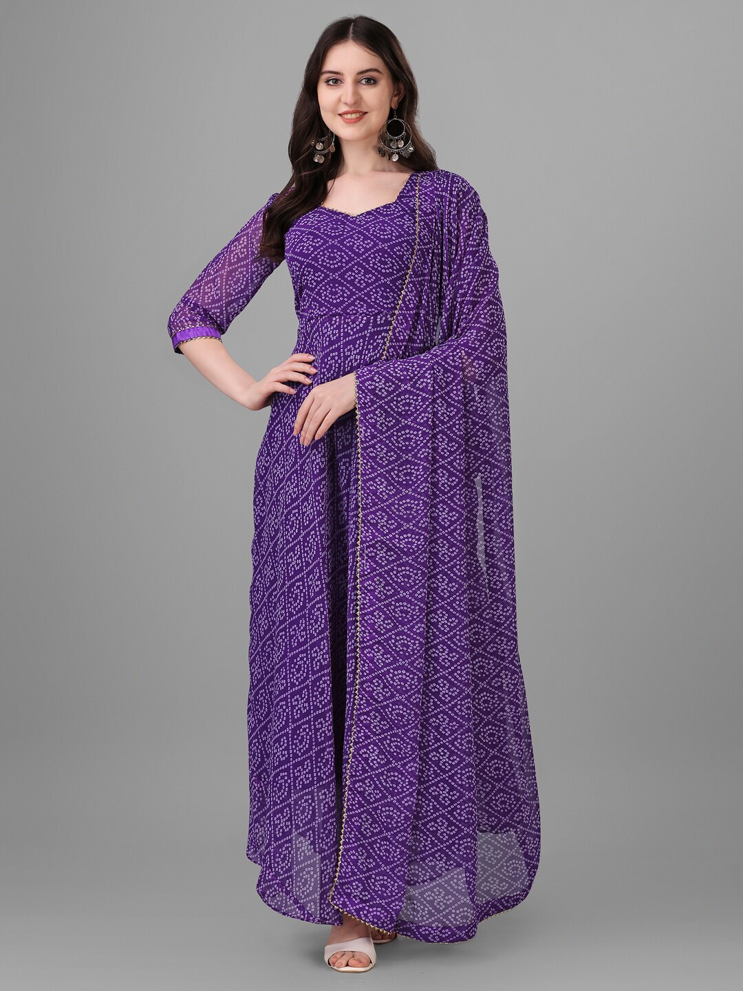 

PMD Fashion Women Purple & White Bandhani Printed Gotta Patti Georgette Anarkali Kurta With Dupatta