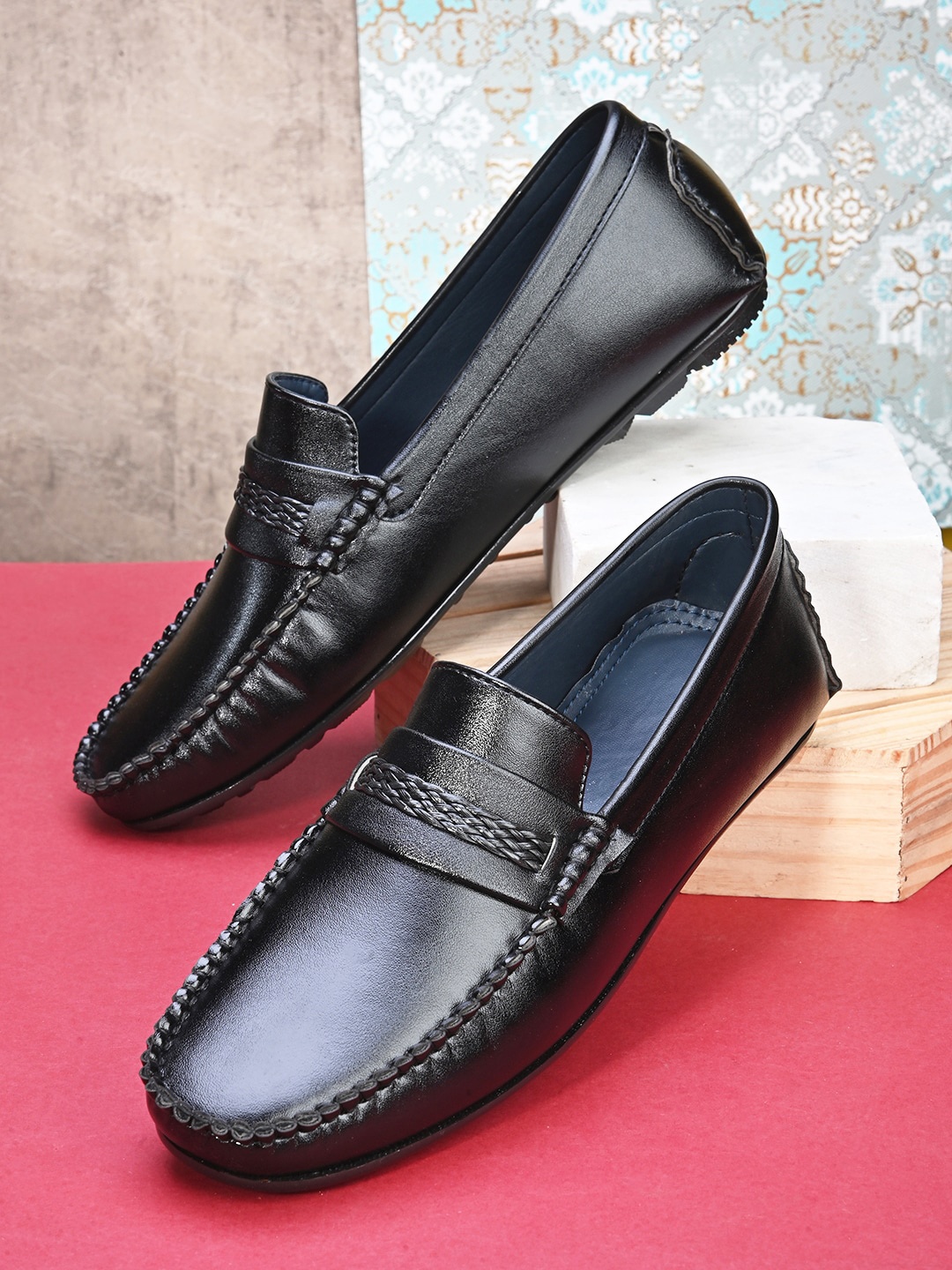 

Mast & Harbour Men Round Toe Perforations Slip On Loafers, Black