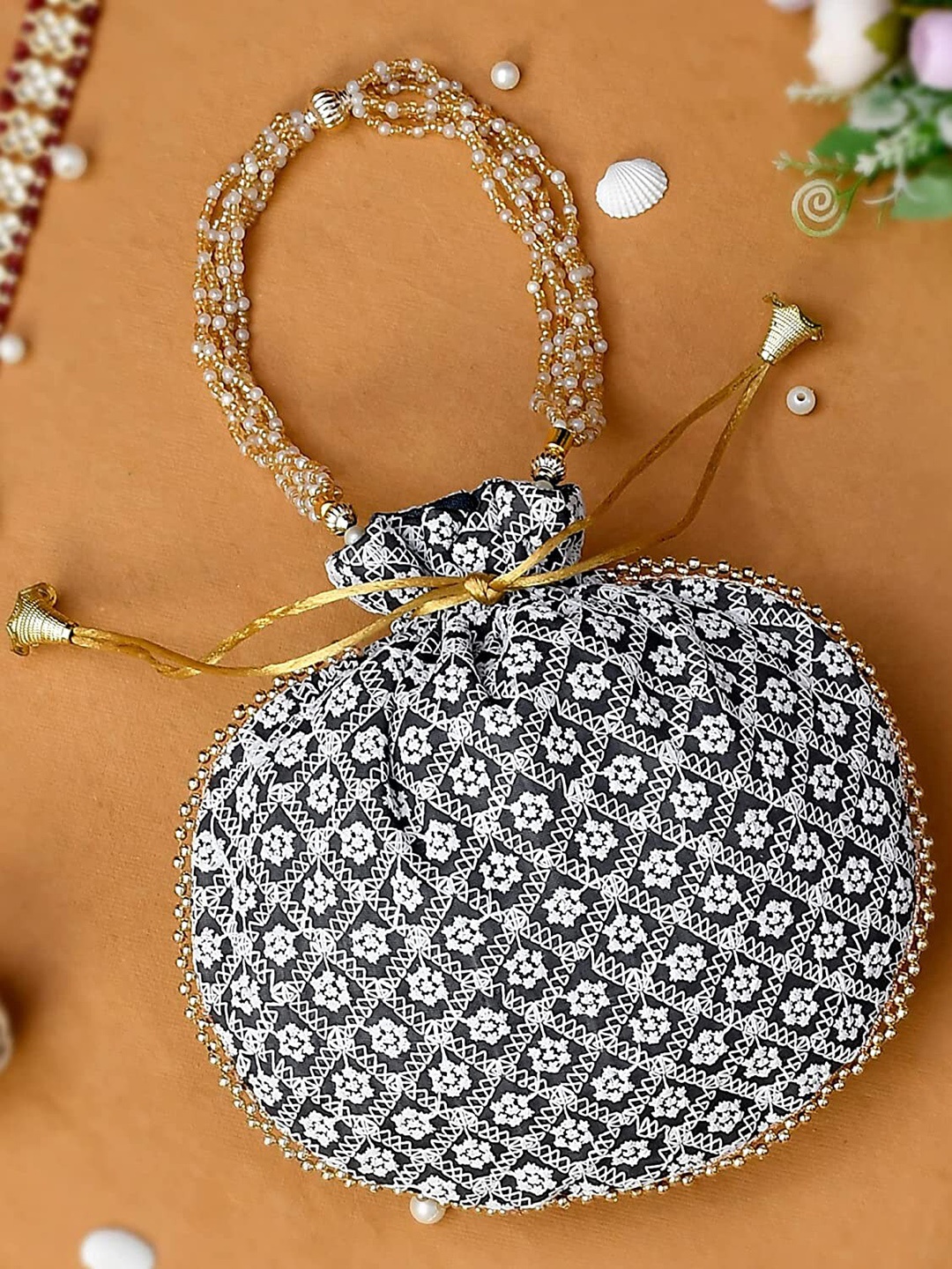 

Perpetual Embroidered Potli Clutch, Black
