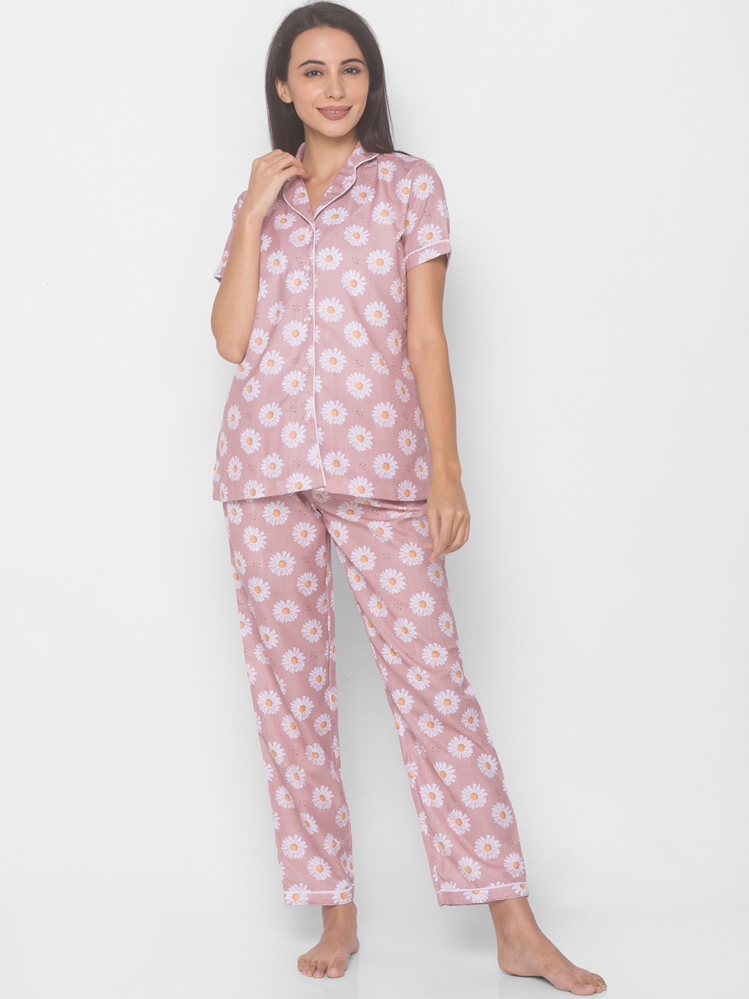 

NOIRA Floral Printed Night Suit, Pink
