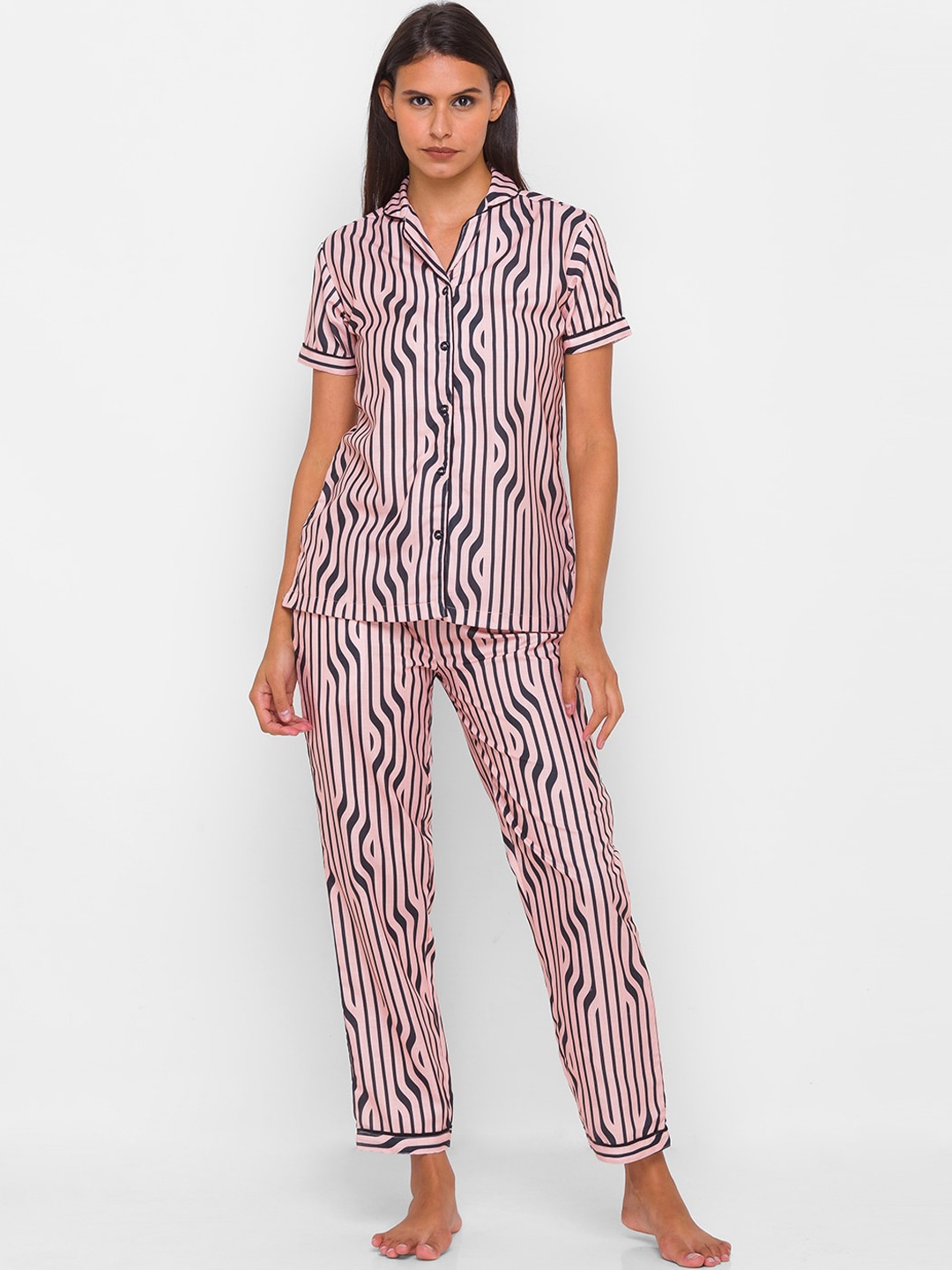 

NOIRA Striped Night Suit, Beige