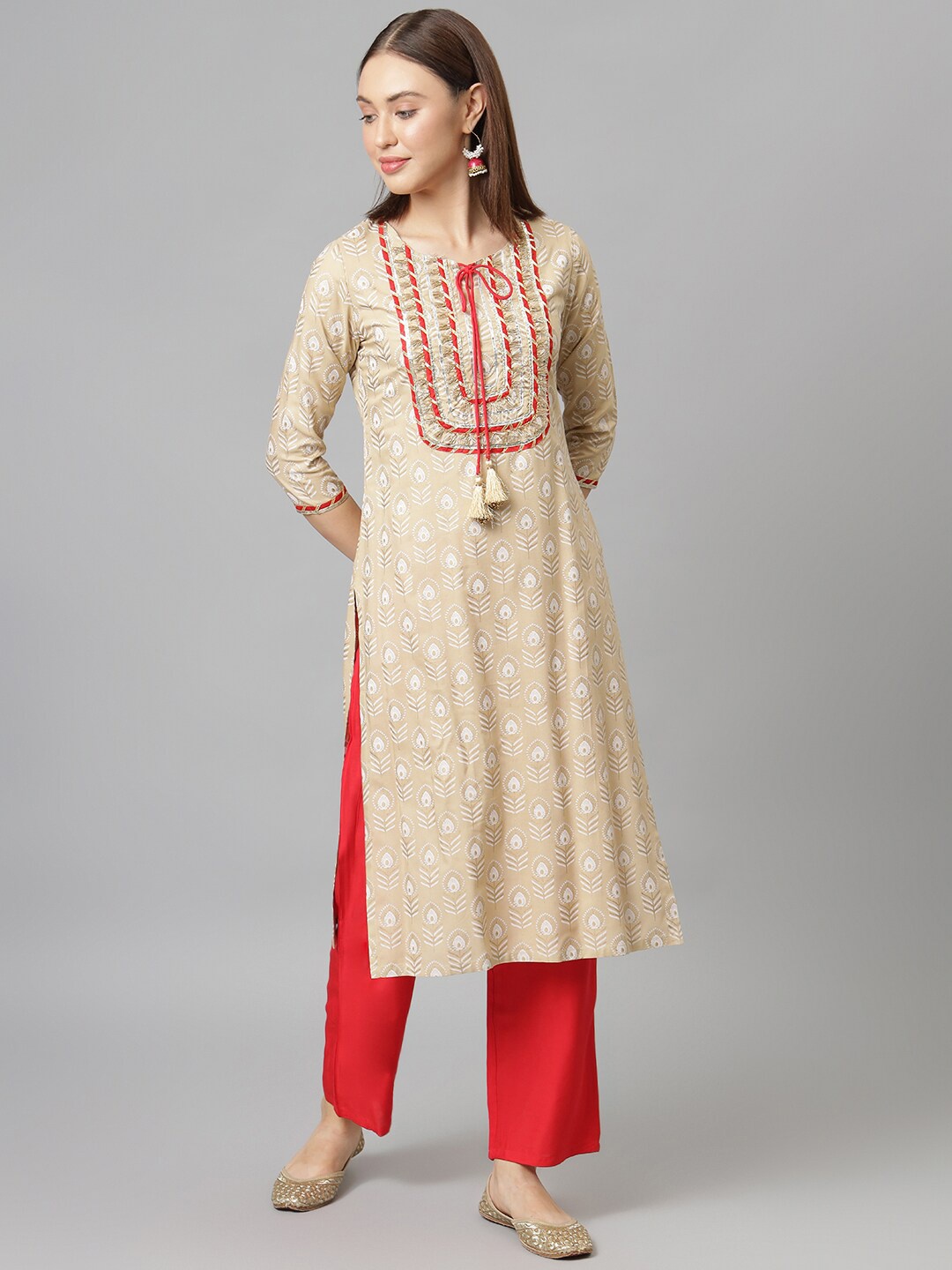 

Khushal K Ethnic Motifs Printed Gotta Patti Kurta with Trousers, Beige