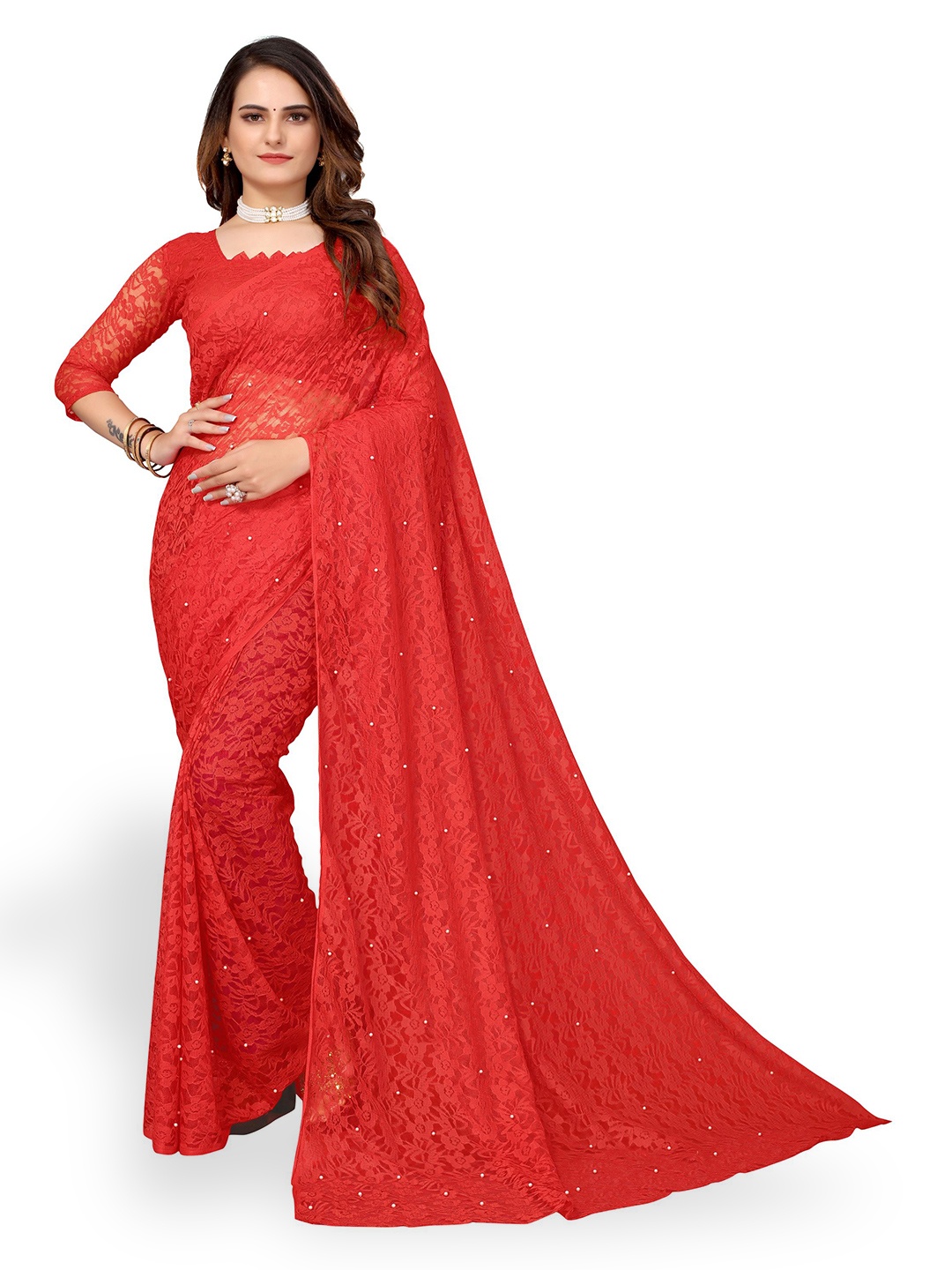 

KALINI Floral Woven Design Net Saree, Red