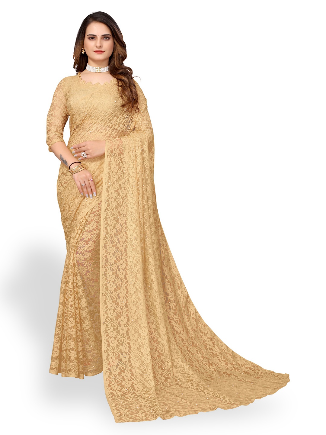 

KALINI Floral Woven Design Net Saree, Beige